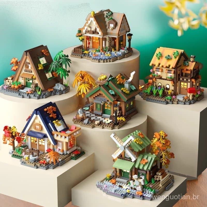 Compatível com blocos de construção LEGO Casa de Madeira na Floresta, blocos de construção Cena de Rua, Moinho de Vento