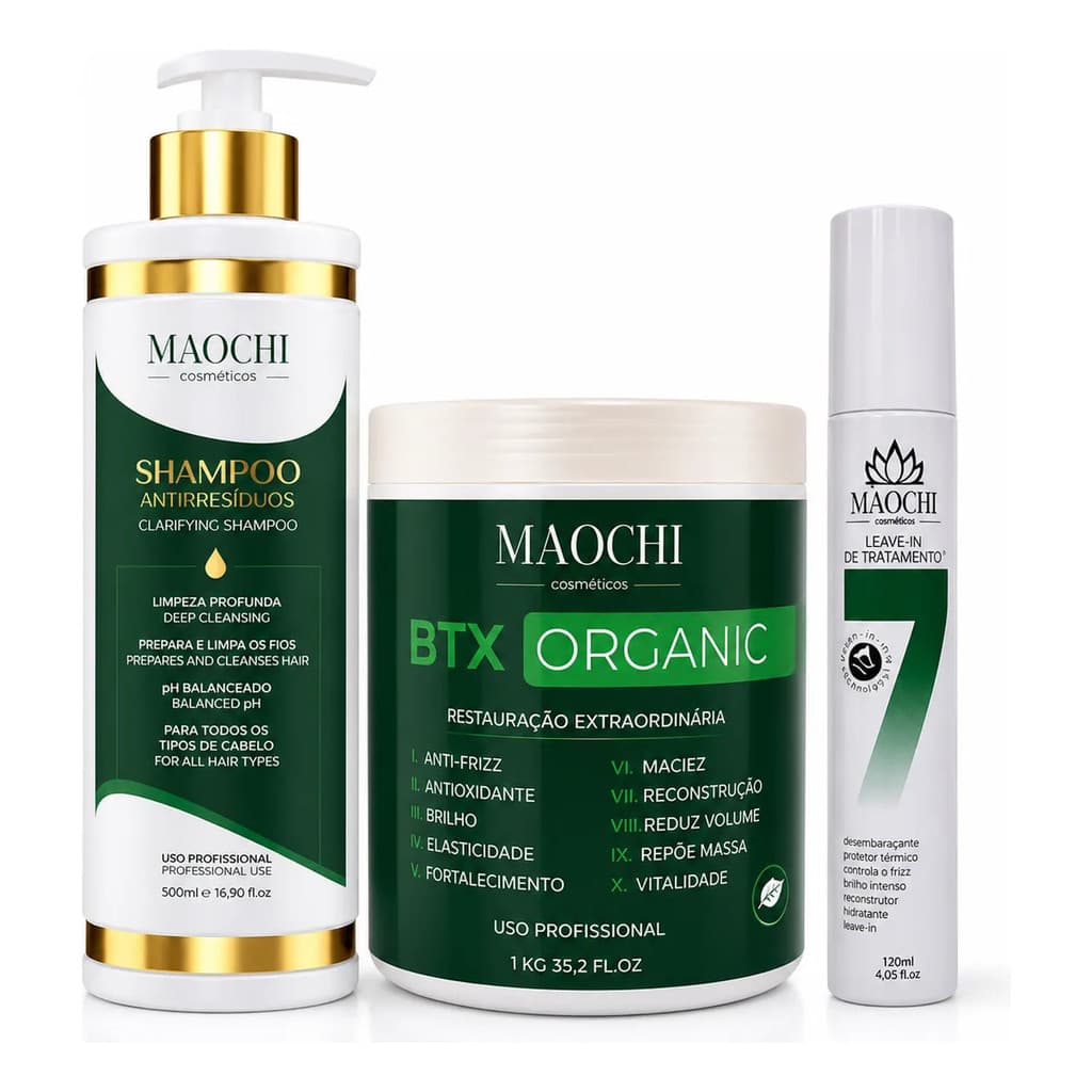 Kit Btx Maochi Orgânico Sem Formol 1kg+Shampoo 500ml+Leave-in 120ml