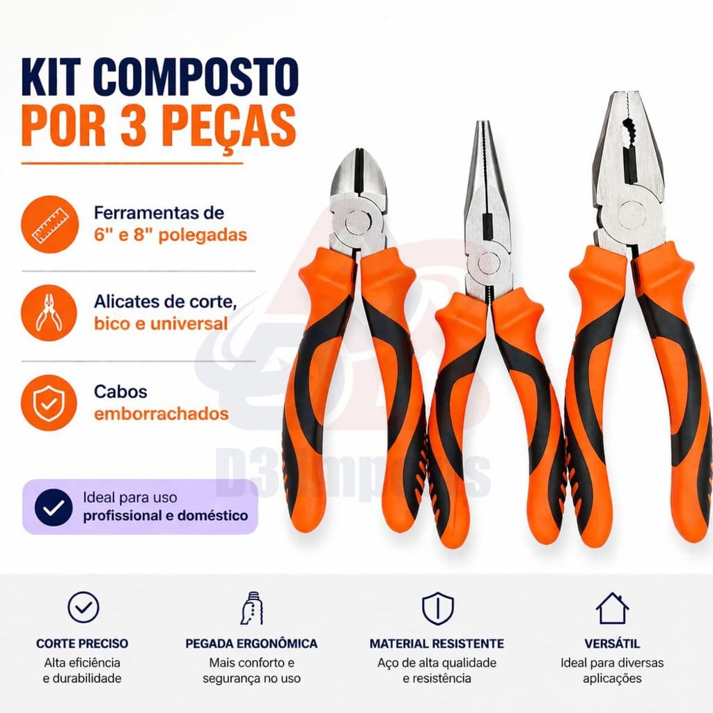 Kit Alicates 3 Peças Profissional – Corte, Bico e Universal | Alta Durabilidade e Qualidade