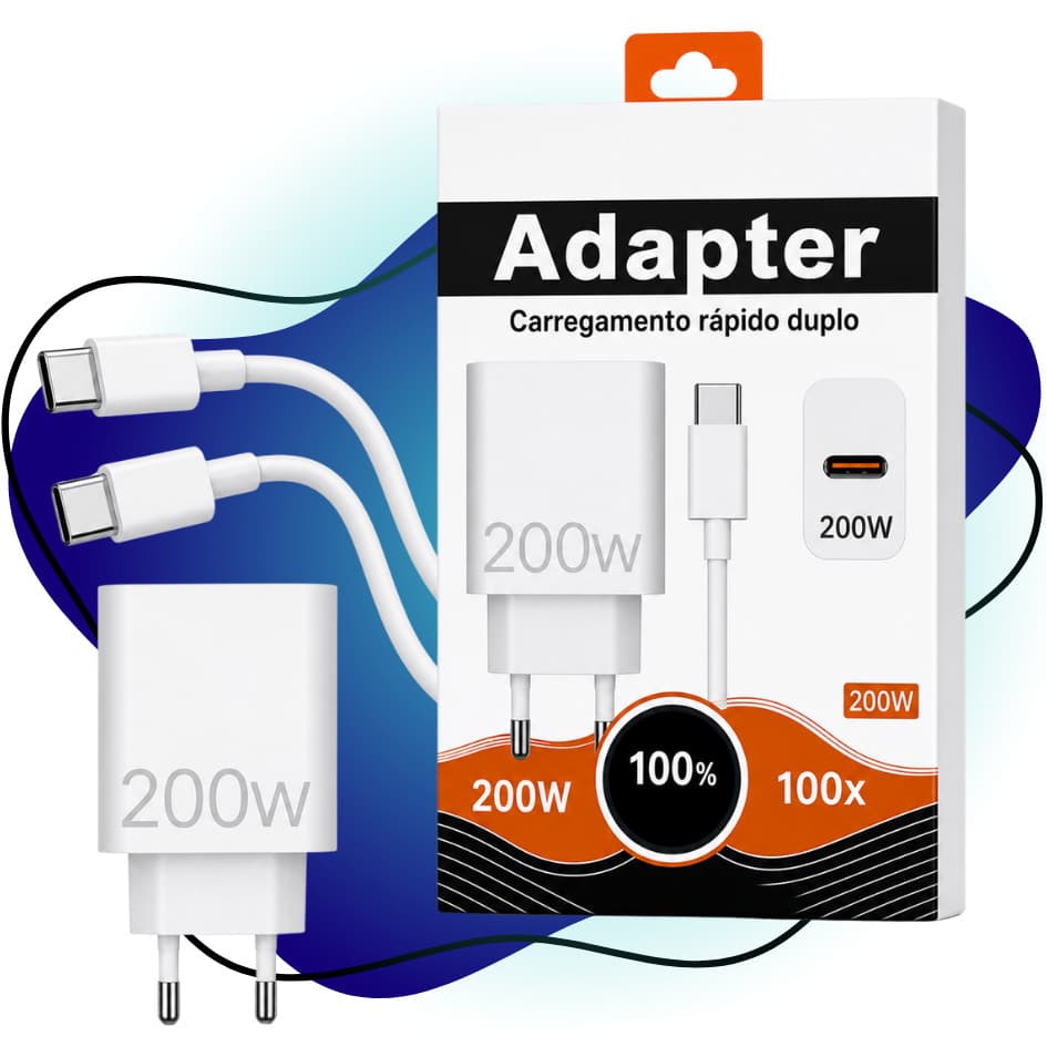 Carregador Turbo 200w Usb-c Rápido Para Android E iPhone Linha 15,16 e 17
