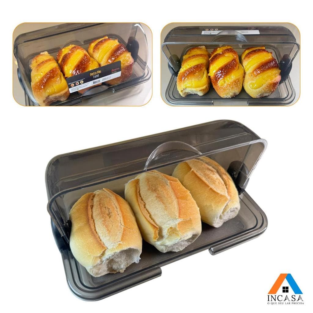 Porta Pão Fumê Armazenador Com Tampa Articulável Profissional Para Pães Bolos Mesa 30x20cm