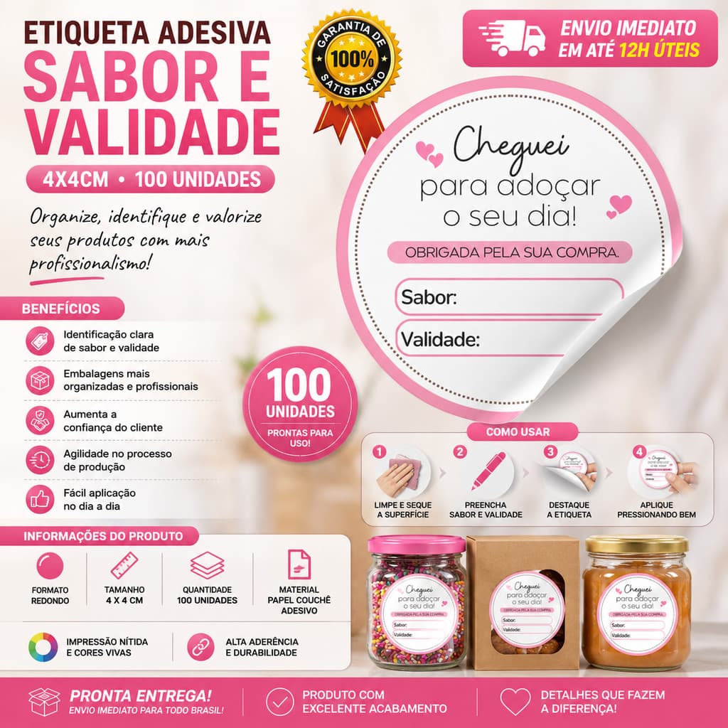 Etiqueta Adesiva Sabor e Validade 4x4cm | 100 Unidades | Para Confeitaria e Doces | Pronta Entrega