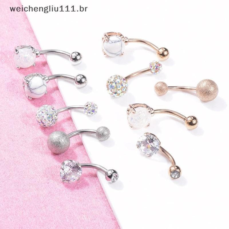# weicheng 5 Pçs/set Mulheres Umbigo Botão Anéis Rosa Ouro Aço Médico Strass .