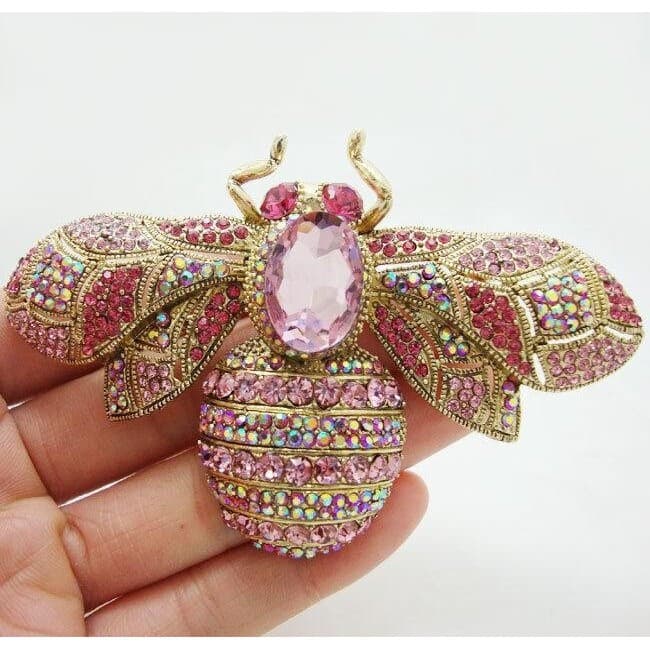 Novo e requintado broche/pingente de abelha rosa com strass e cristal dourado