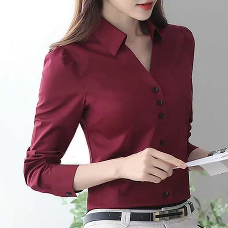 Novo estilo camisa profissional feminina de manga comprida primavera com decote em V camisa Anti-reflexo versão coreana