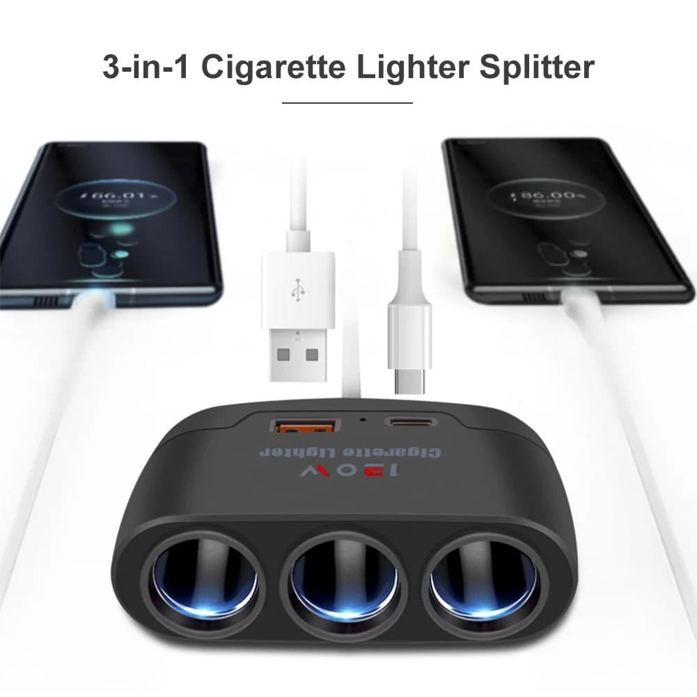 KIT 10 Adaptador De Carregador De Carro 12V 24V 3 Soquete Divisor De Isqueiro Duplo USB LED