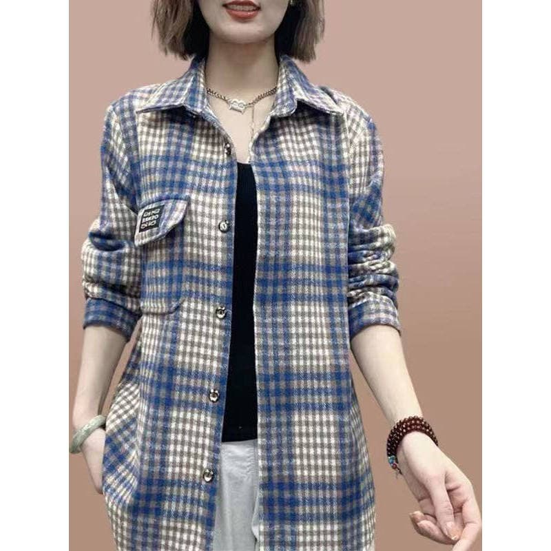 Primavera outono novo estilo senhoras camisa de algodão Casual moda xadrez escovado engrossado jaqueta camisa All-Match