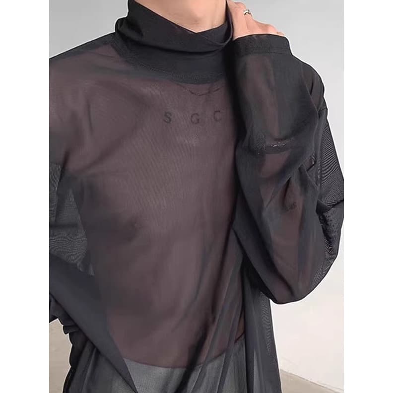 Camiseta francesa transparente de gola alta masculina europeia americana moda oca blusa de manga comprida gola pilha gaz
