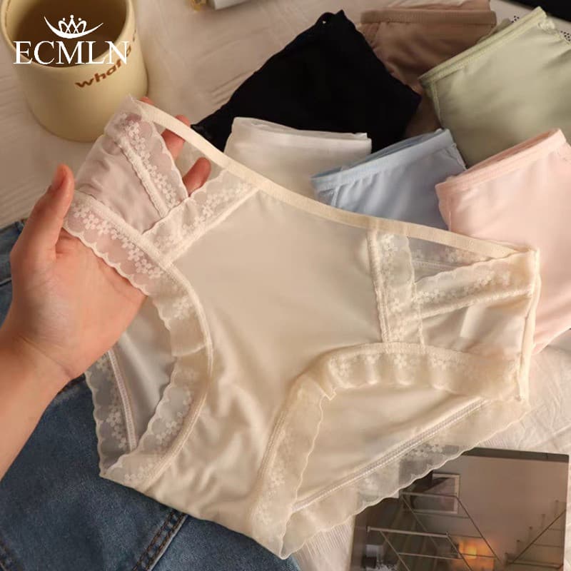 ECMLN Mulheres Seda Gelo Sem Costura Cueca Oca Renda Mid Cintura Cuecas Macias Respiráveis Secagem Rápida Calcinha Doce
