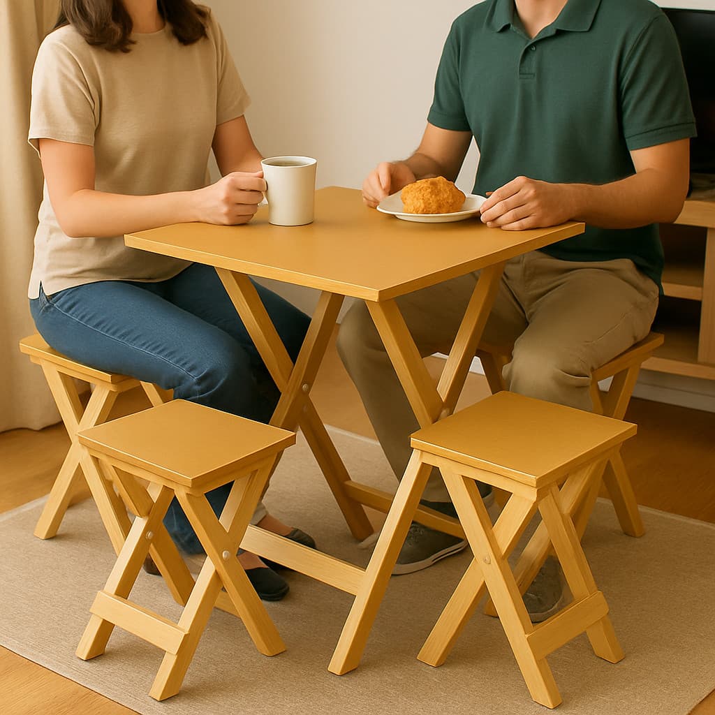 Conjunto Mesa Compacta com 2 Banquetas – Madeira Natural para Ambientes Pequenos Qualidade Premium