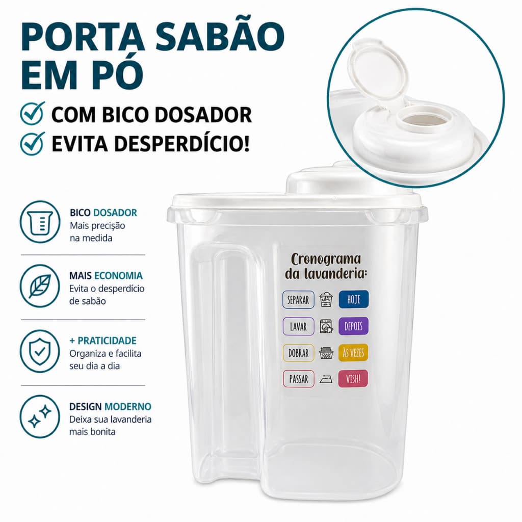 Porta Sabão 2 Litros Branco Multiuso - Tampa com Bico Dosador - Organizador Lavanderia