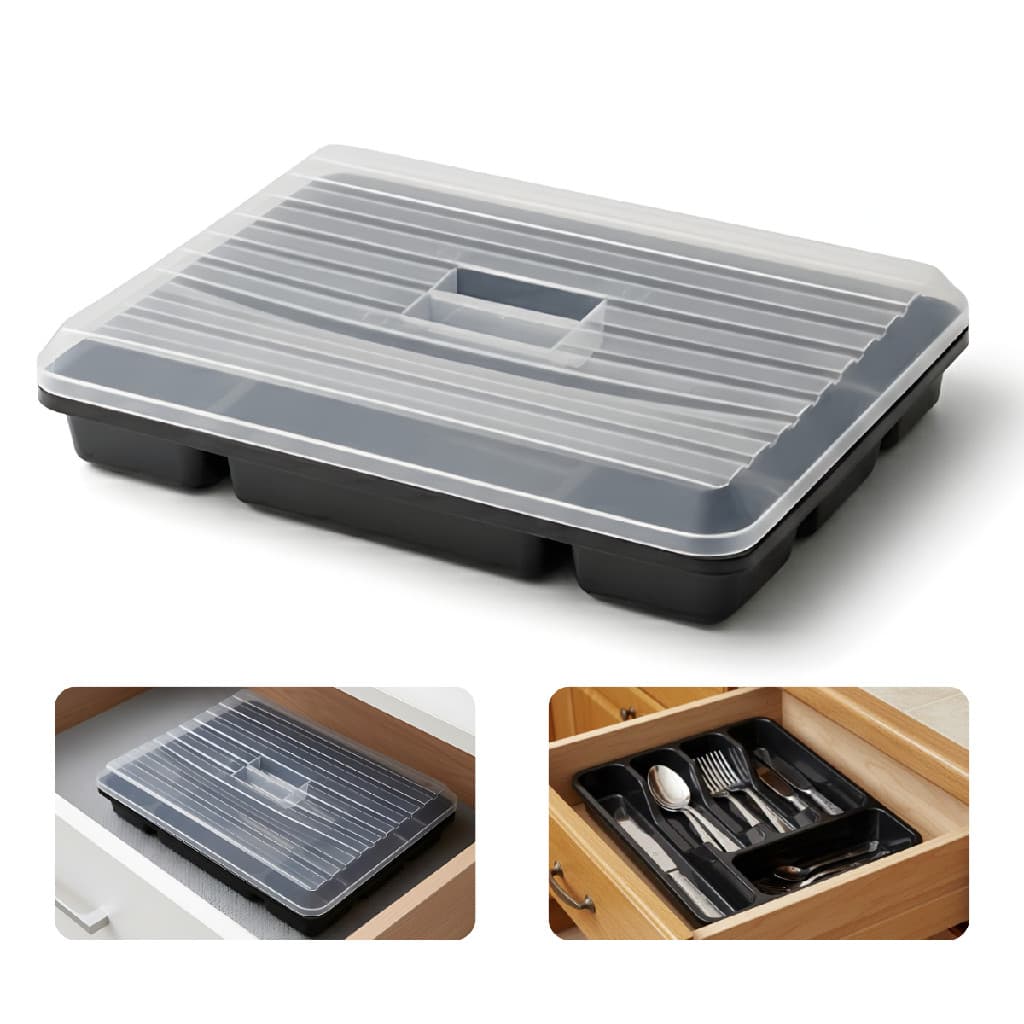 Porta/Organizador de talheres para gaveta 5 divisórias com Tampa Preto