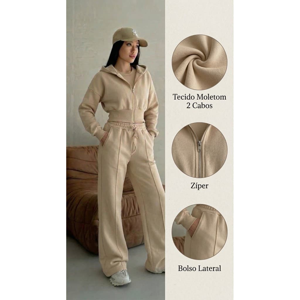 Conjunto Moletom Feminino cor BEGE Blusa com capuz e zíper calça Reta detalhe de costura com seixo