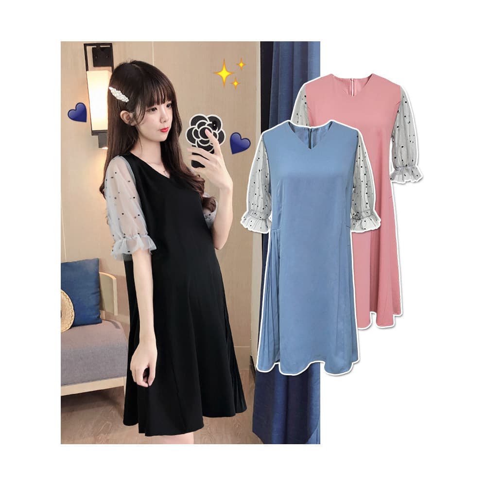Maternidade verão terno moda estilo tamanho grande solto topo verão Polka Dot saia moda Chiffon vestido verão