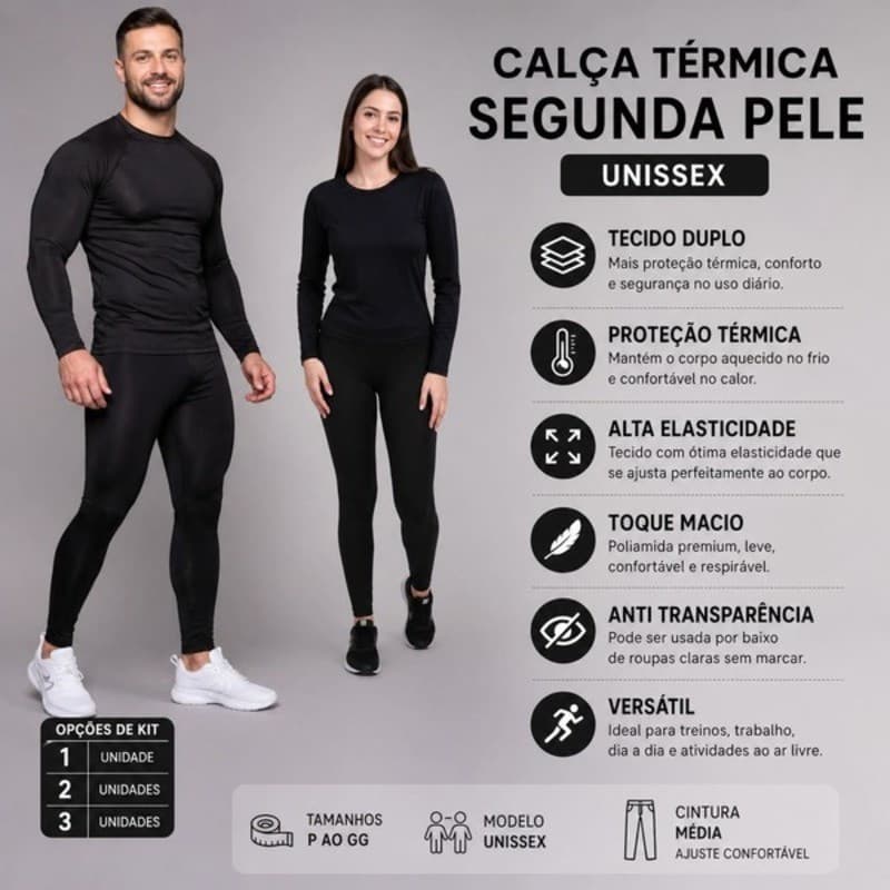 Calça Térmica Segunda Pele Unissex UV50+ Flanelada Peluciada Poliamida Compressão Anti Transparênci