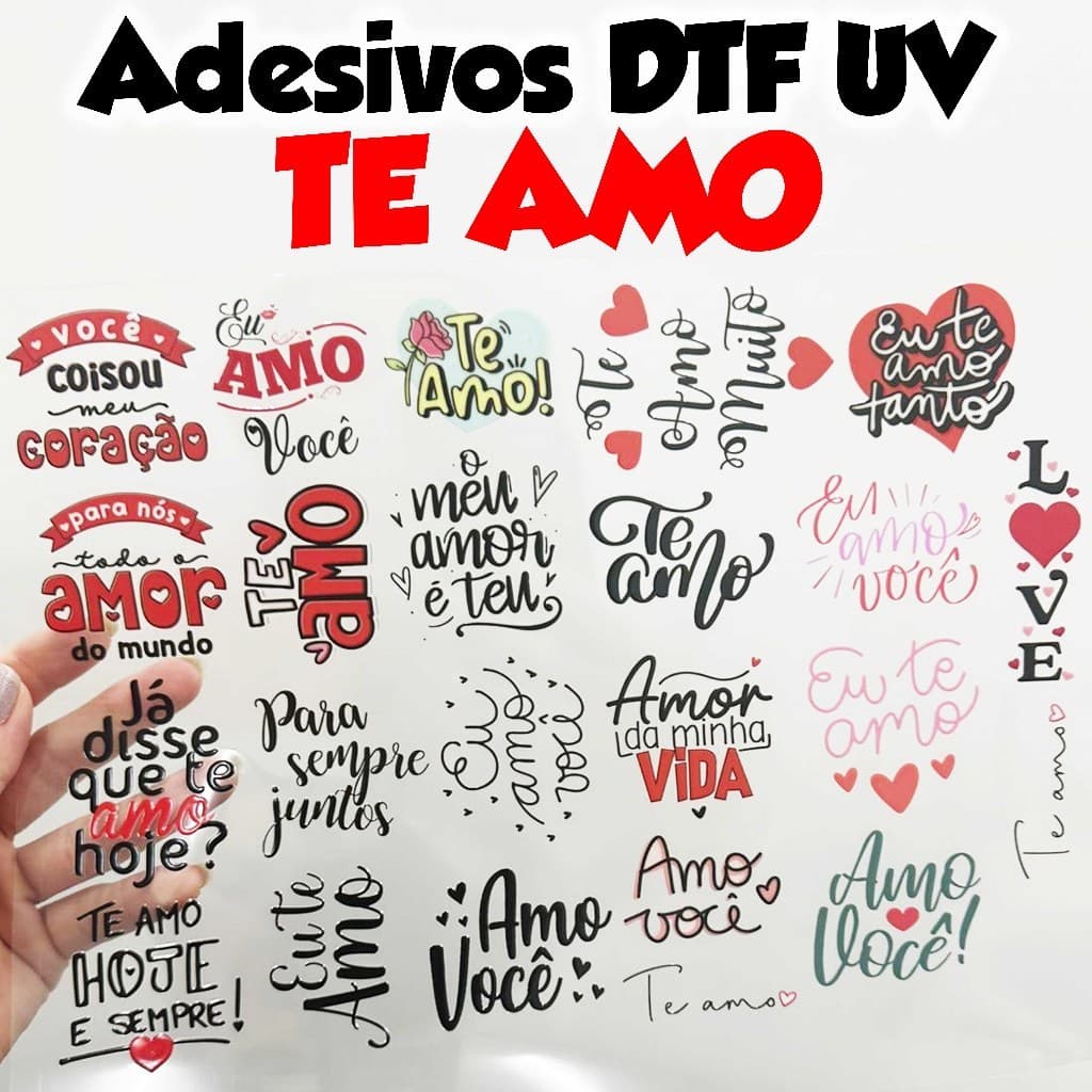 Adesivos DTF UV TE AMO, imagens e frases românticas TE AMO, AMO VOCÊ.