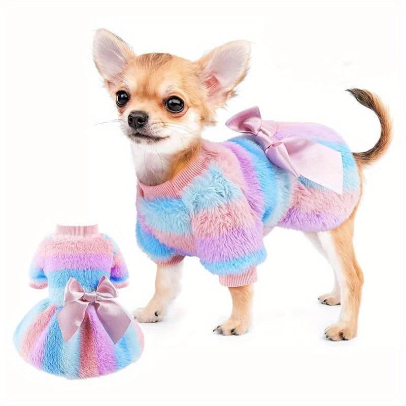 Vestido de Lã Quente para Cães Fêmeas Pequenas, com Design de Listras Arco-Íris e Saia com Laço, Perfeito para o Inverno