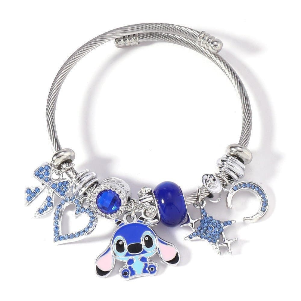 Pulseira Cartoon Stitch (Estilo Feminino), Pulseira com Diamantes em Forma de Lua e Coração, Joia de Prata Stitch 4ZW4
