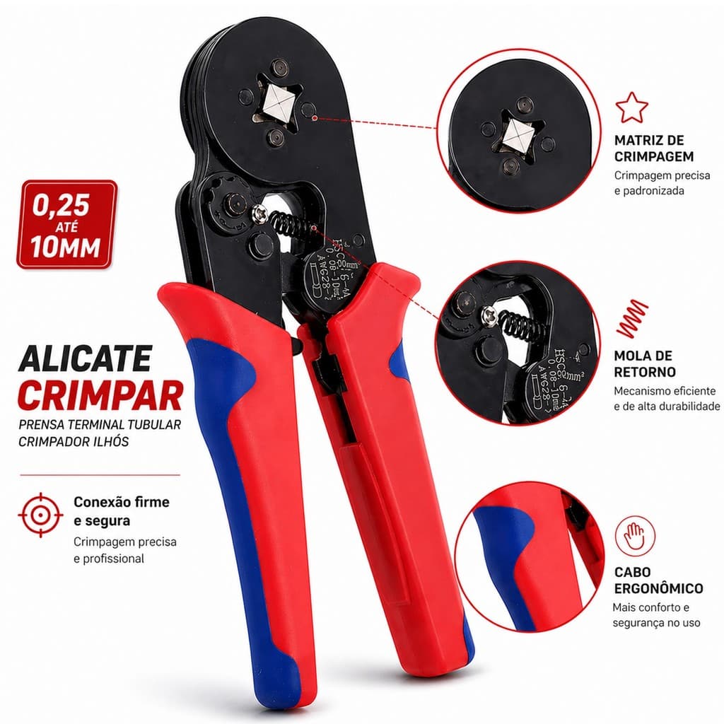 Alicate Crimpador Terminal Tubular Ilhós Profissional 0,25 a 10mm Prensa Fios Elétricos Profissional