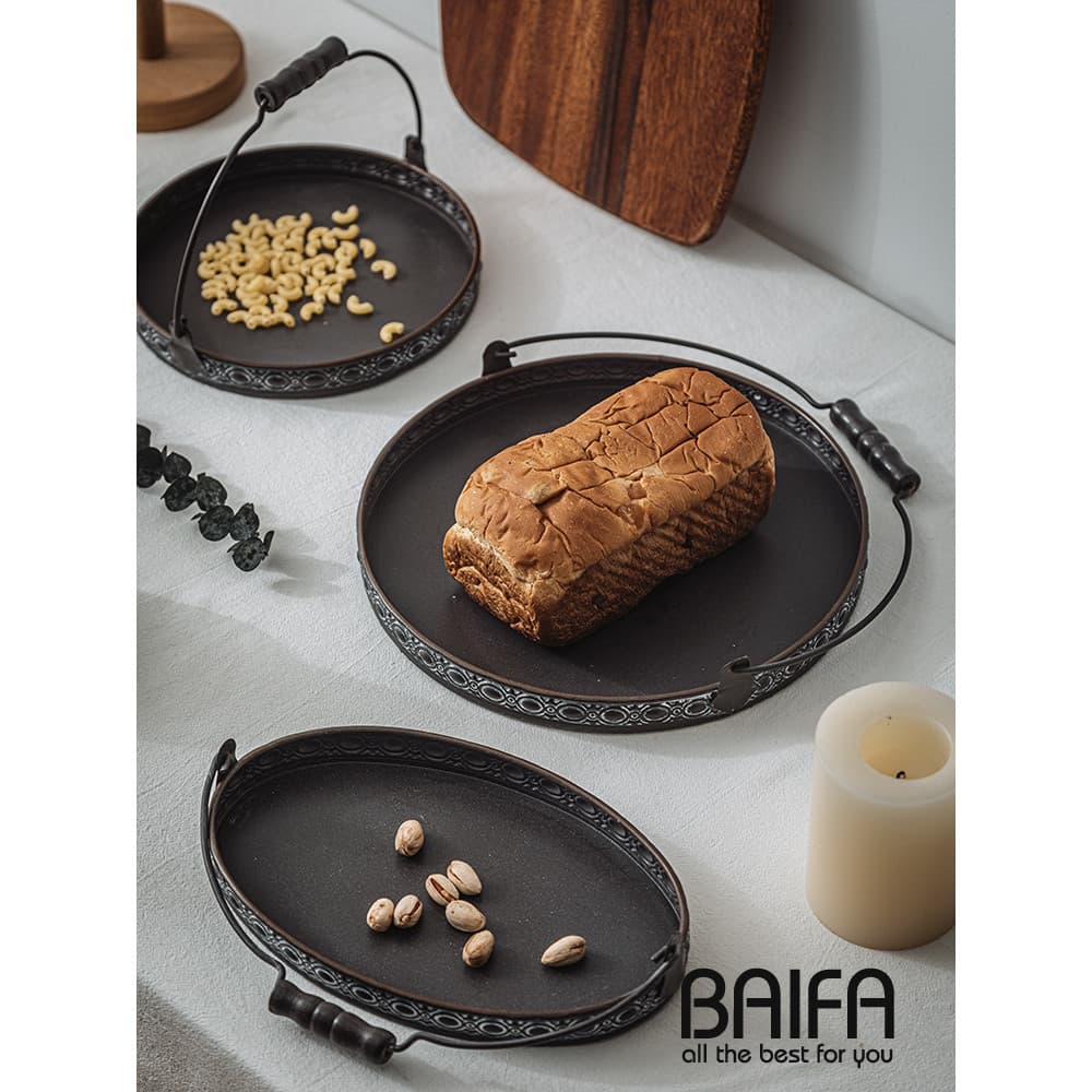 Bandeja retrô desgastada, bandeja de ferro, bandeja de pão, cesta de frutas, alça redonda, adereços de tiro, decoração G