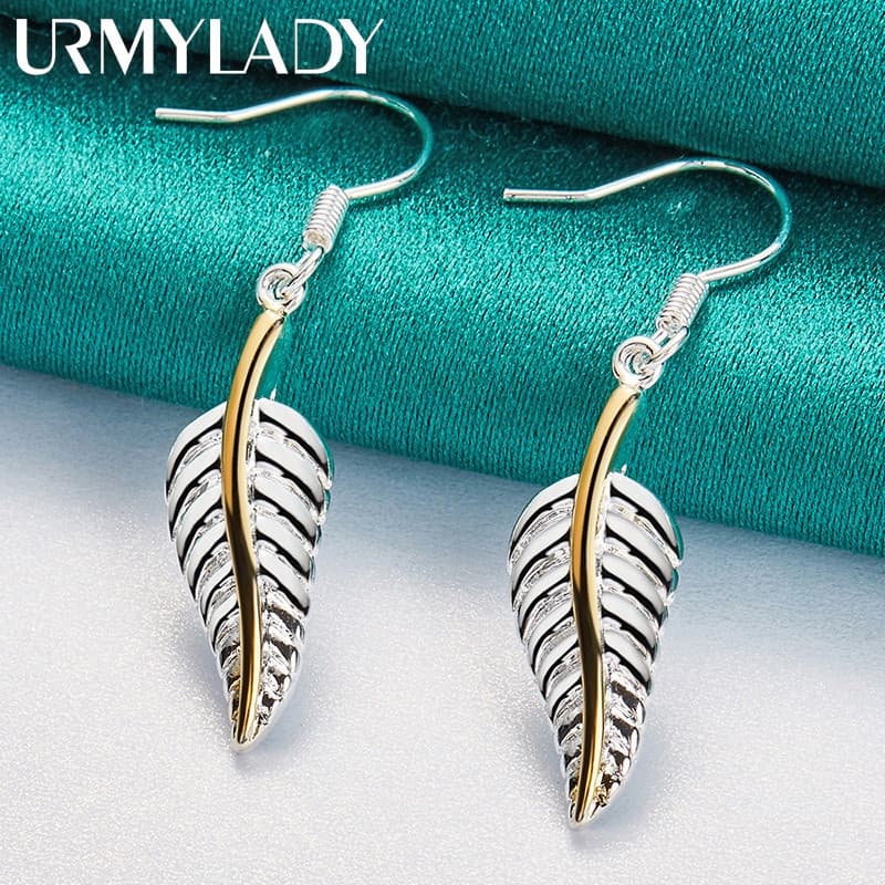 URMYLADY 925 Prata Esterlina Ouro Pena Brincos Orelha Gancho Eardrop Para Mulheres Moda Festa De Casamento Charme Jóias