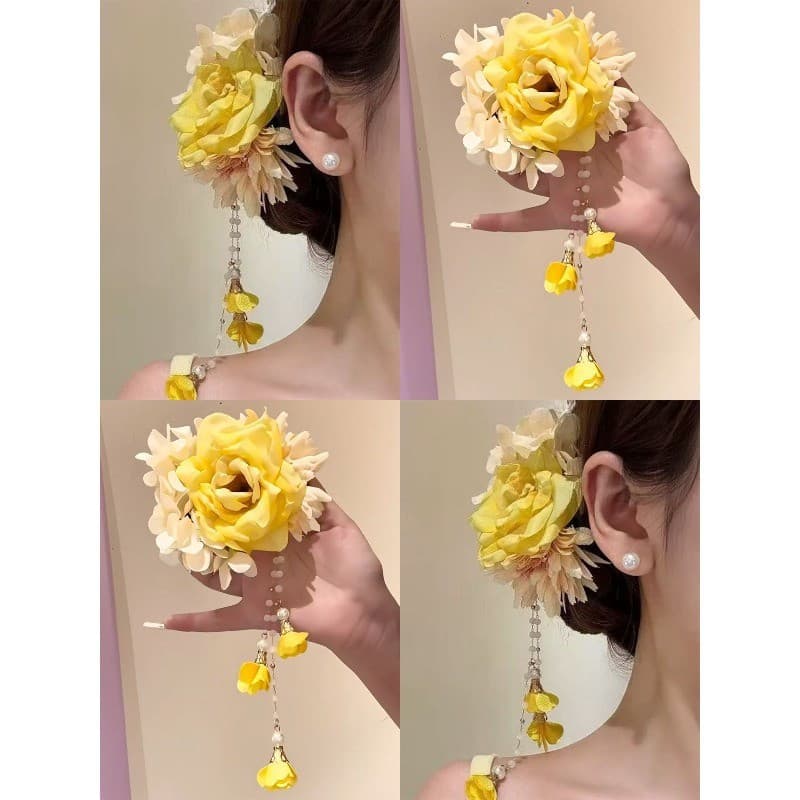 Amarelo Brilhante Do Meio Verão ! Super Fada Rosa Pérola Franjas Grampo De Cabelo Feminino Doce Clipe Lateral Saindo Par