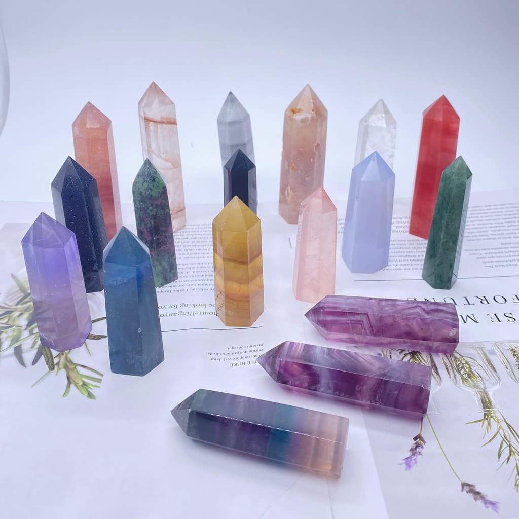Natural branco amarelo roxo rosa cristal Hexagonal coluna de ponta única verde Fluorite citrino obsidiana sete estrelas