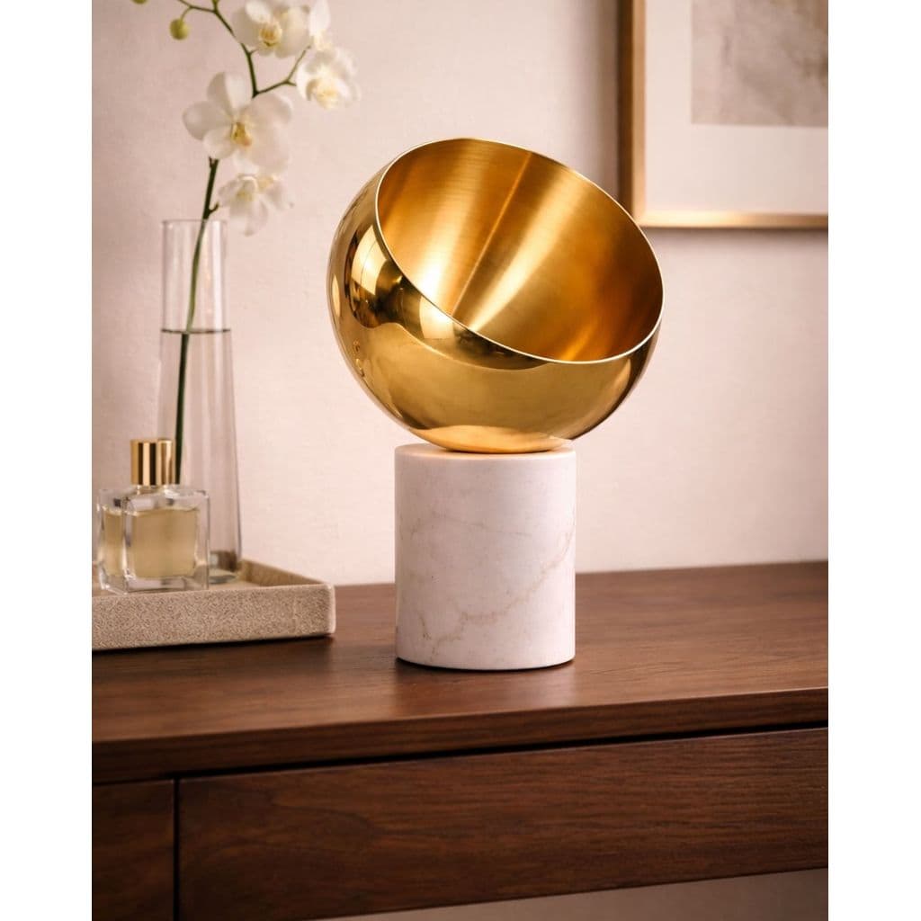 Centro de Mesa Metal Dourado Base Mármore Branco Decorativo Luxo Vaso Fruteira Premium Sala Decoração