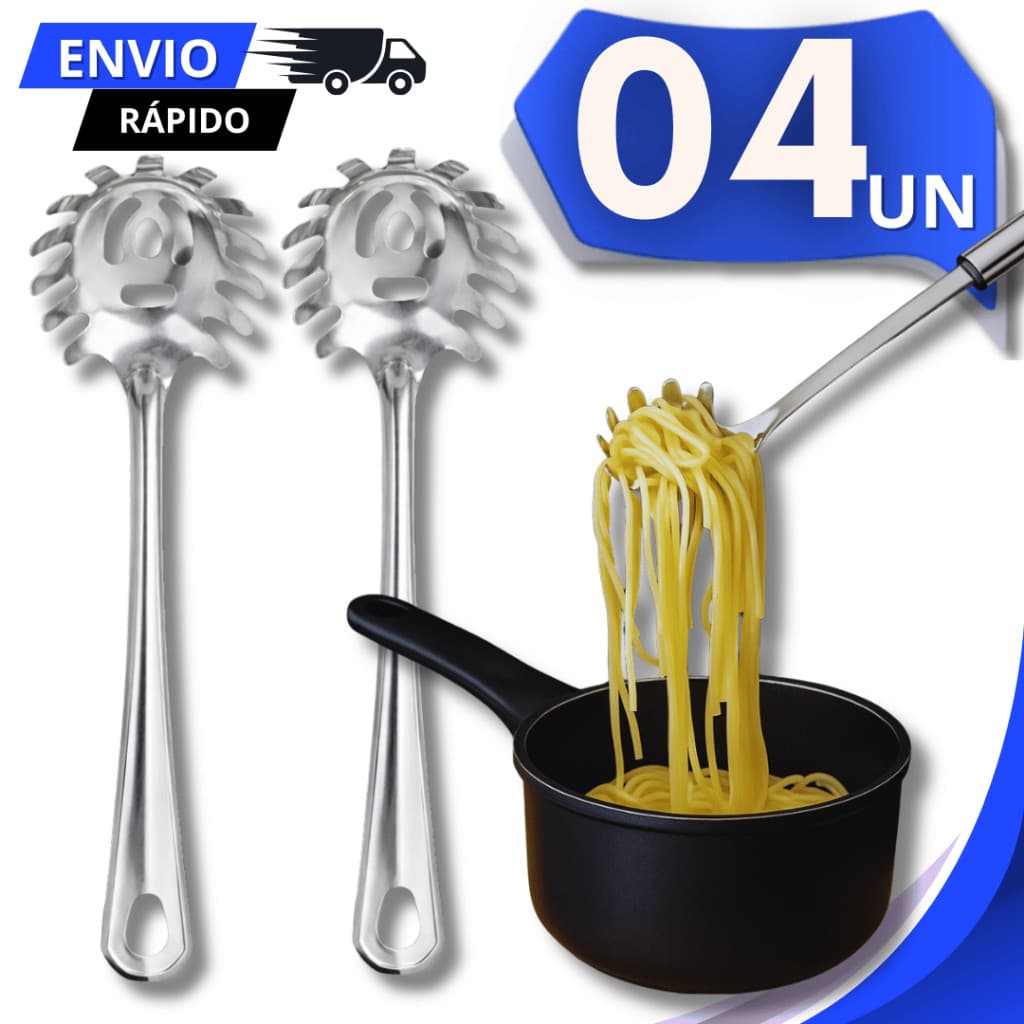 Conjunto Pegador Macarrão Massas Aço Inox 23,4Cm Cozinha Restaurantes Buffet Resistente Utensílios