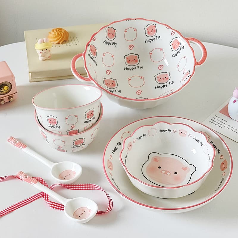 Underglaze cor porco bonito cerâmica utensílios de mesa domésticos pratos conjunto alça tigela arroz uma pessoa utensíli