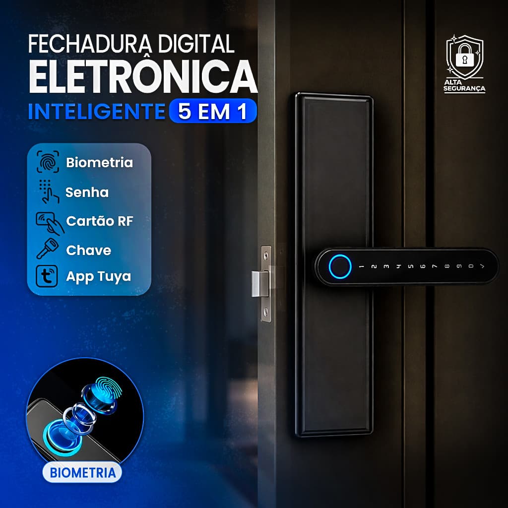 Fechadura Digital Eletrônica 5 em 1 Biométrica Senha Cartão App Tuya Bluetooth