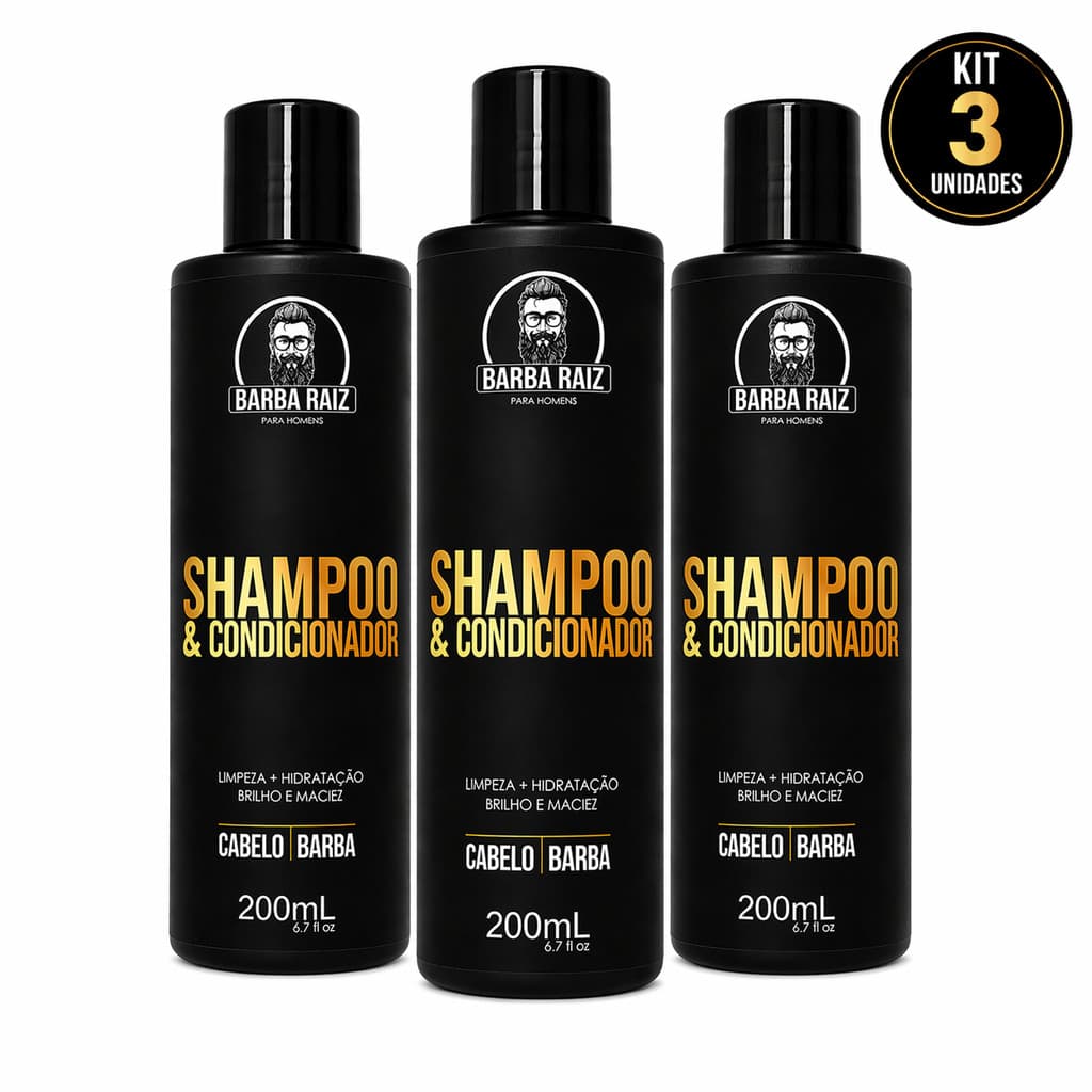 Kit 3 Shampoo 2 em 1 Barba Raiz 200ml Limpeza e Hidratação Cabelo e Barba Masculino- (3 Unidades)