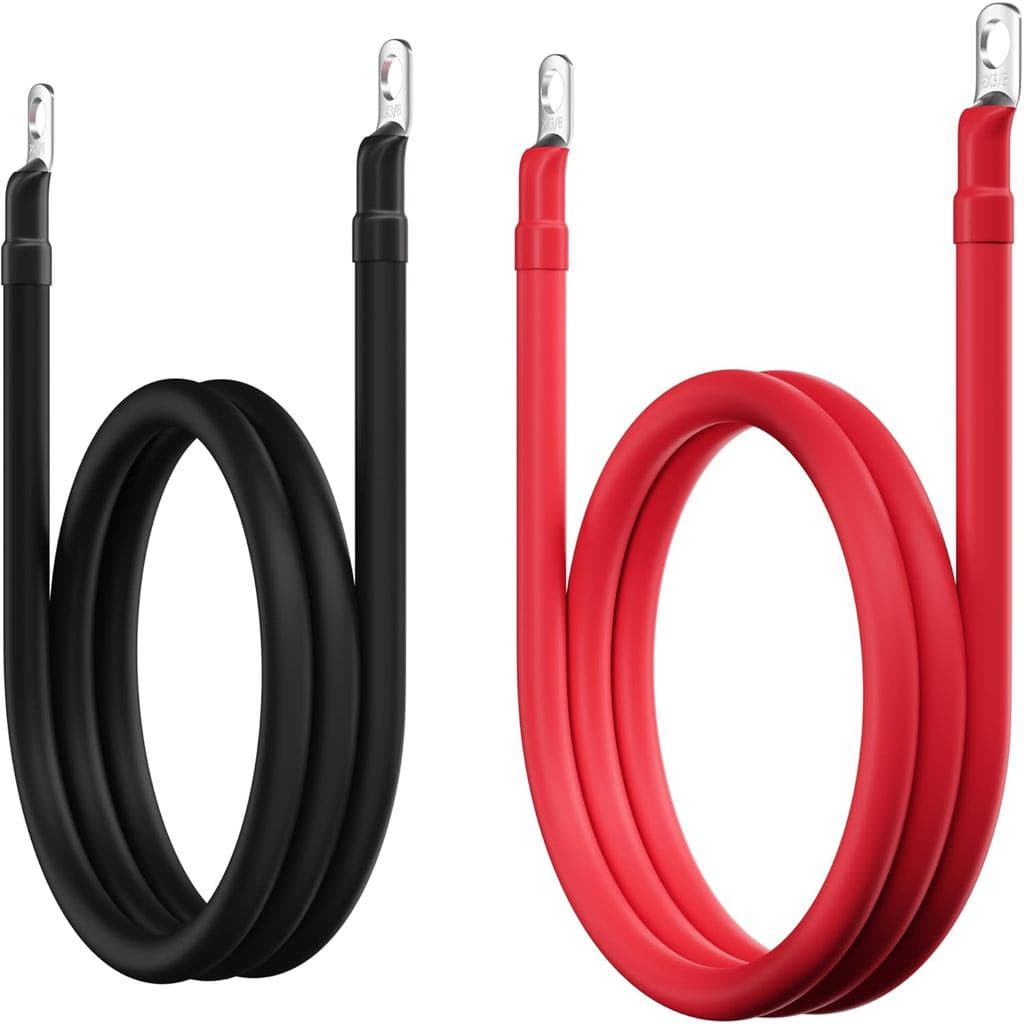 Cabos de Bateria 2 AWG, 1 Pé Preto + 1 Pé Vermelho, Conjunto de Fios de Cobre Puro para Inversor de Energia com Terminai