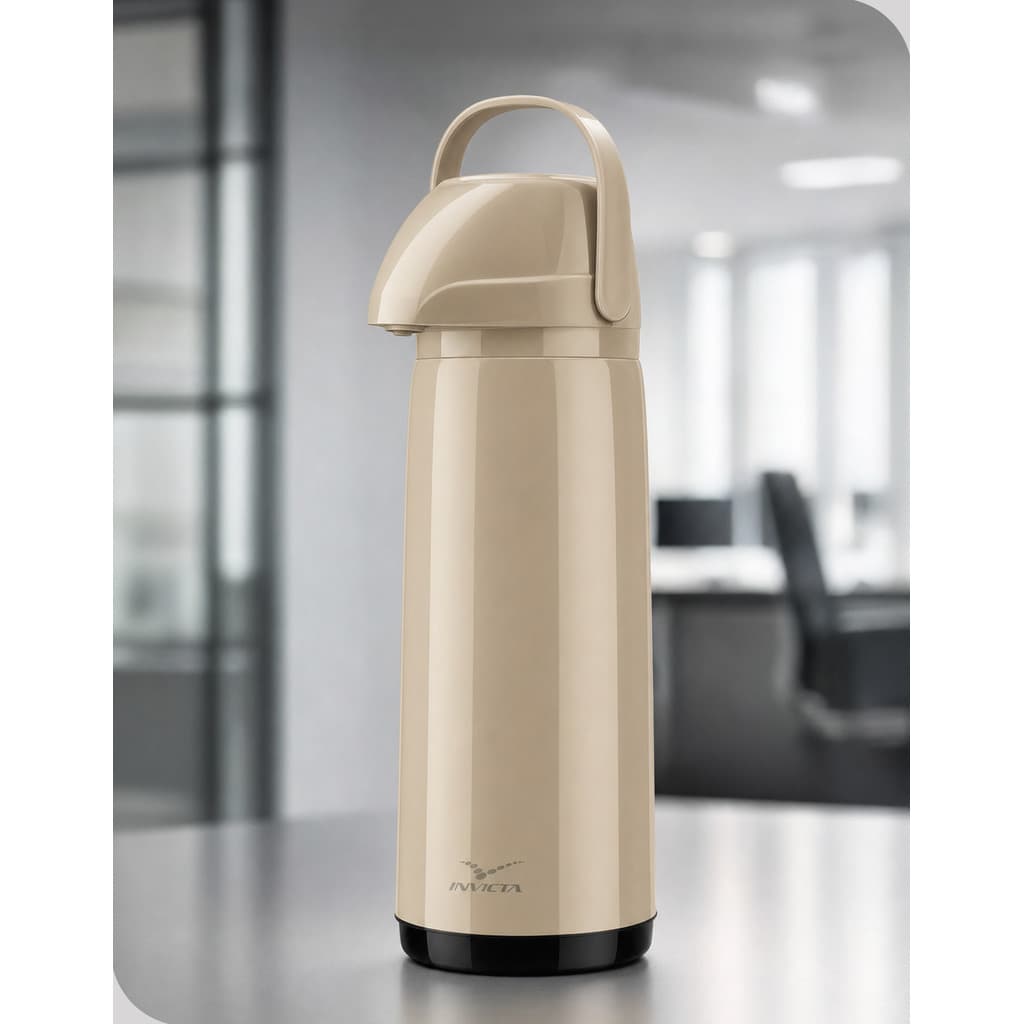 Garrafa Térmica 1,8L Invicta Air Pot Bege Pressão Café Chá Ampola Vidro Alça Móvel Antigotejo S/BPA