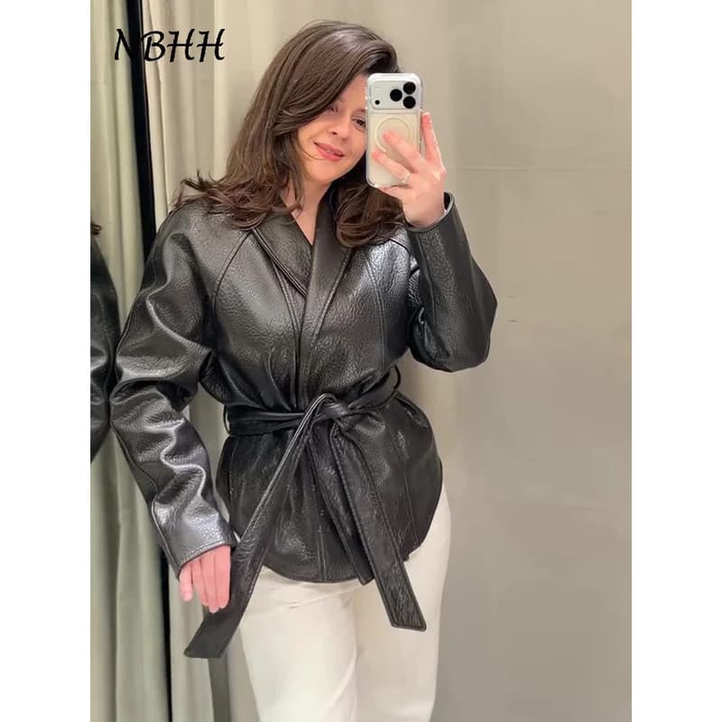 Nova Jaqueta Feminina de Couro com Cadarço, Gola de Lapela, Manga Comprida e Cinto Ajustável na Cintura, Moda Primavera