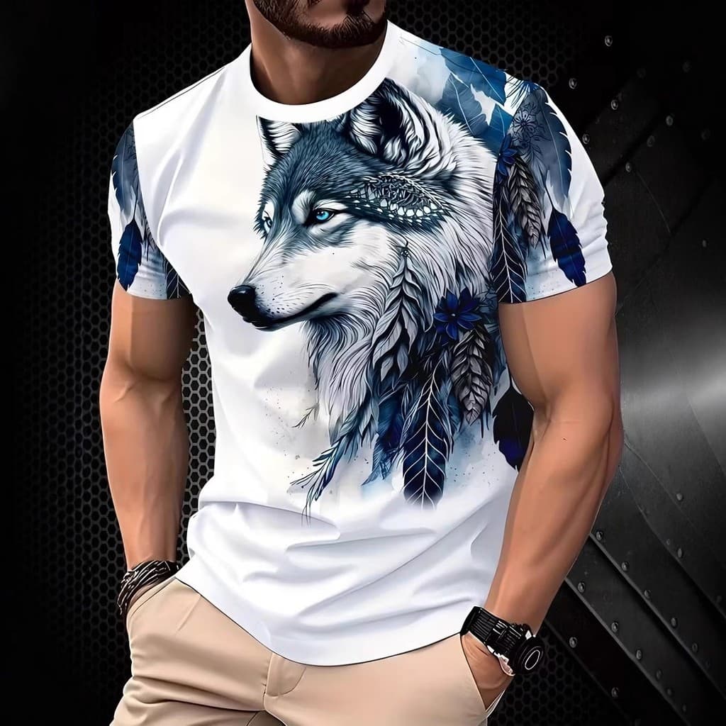 3D digital Impresso Lobo Imagem Masculina casual Em Torno Do Pescoço Manga Curta Camiseta Malha Camisa De