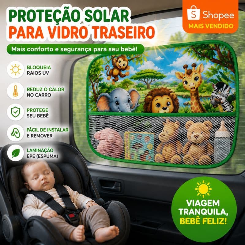 Protetor Solar Janela Carro Bebê Infantil Vidro Quebra Sol Com Bolso Porta Brinquedos