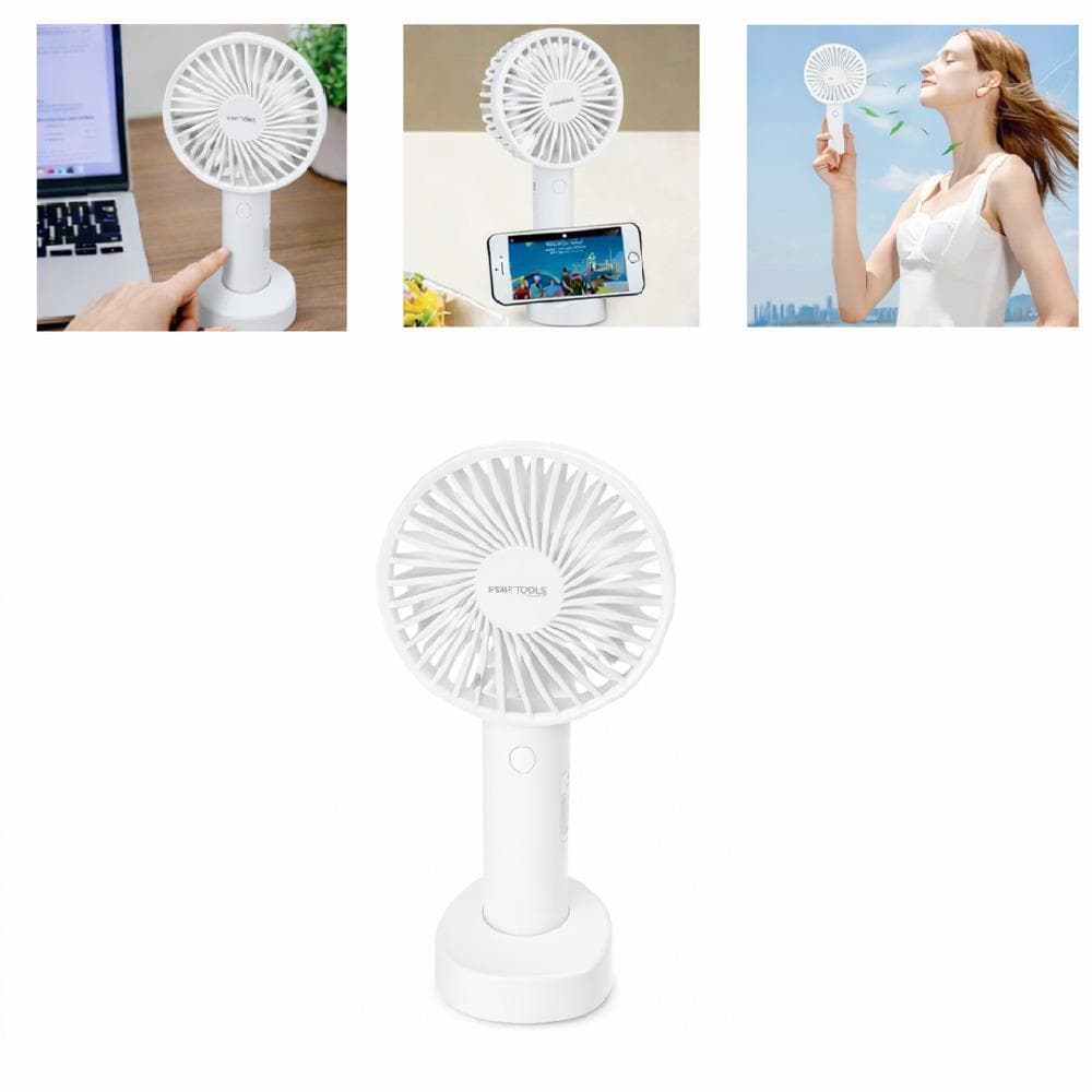 Mini Ventilador Usb Portatil Mao Branco Recarregavel Com Suporte Base Celular 3 Velocidades 5V Climatizador