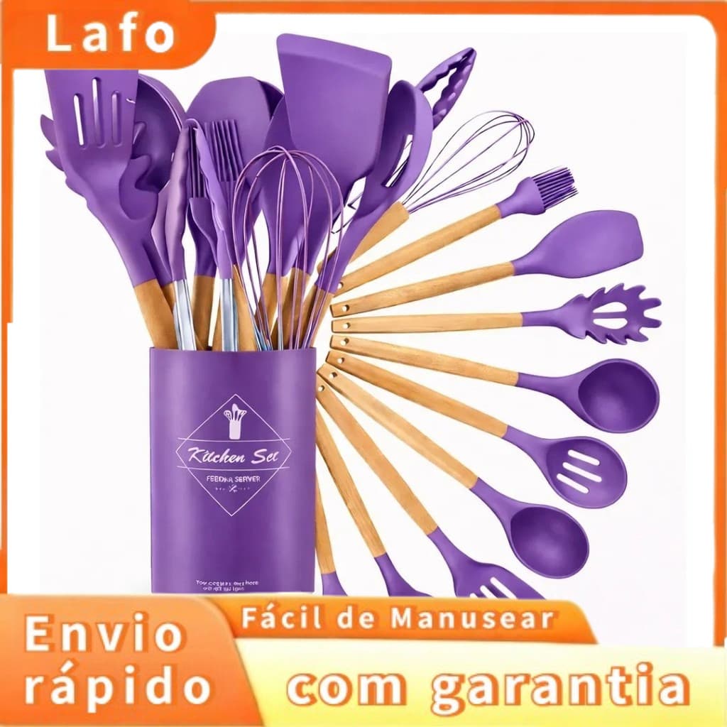 Conjunto de 12 peças de Silicone com cabo de madeira conjunto de utensílios de cozinha espátula colher de sopa