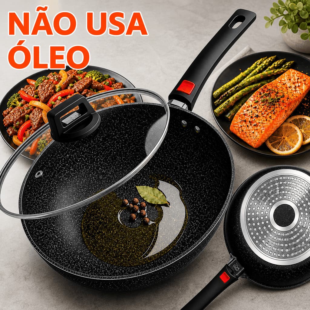 Frigideira Ceramica 24cm Wok Indução E Gás Com Tampa De Vidro Temperado E Cabo Removível Revestimento Antiaderente