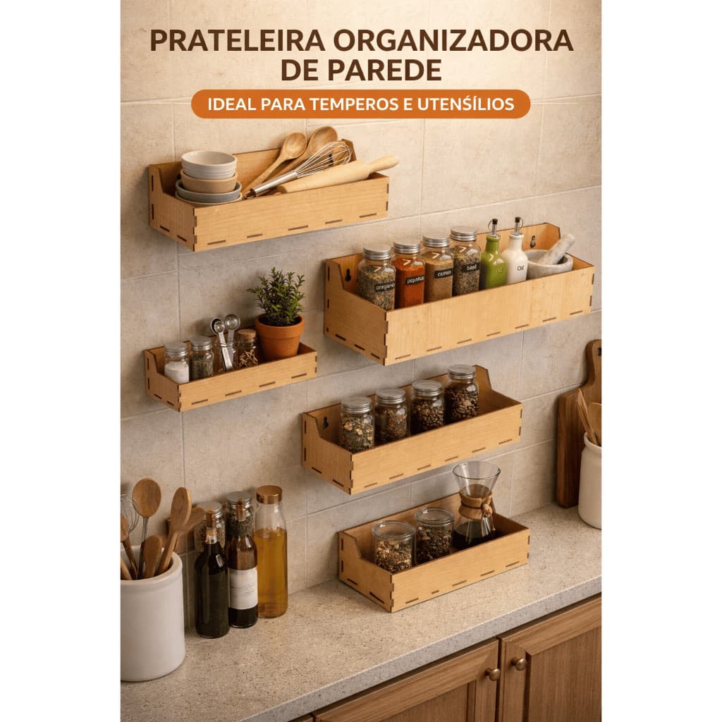 Kit 4 Prateleiras Organizadoras de Cozinha para Temperos e Utensílios | Suporte de Parede Multiuso em MDF