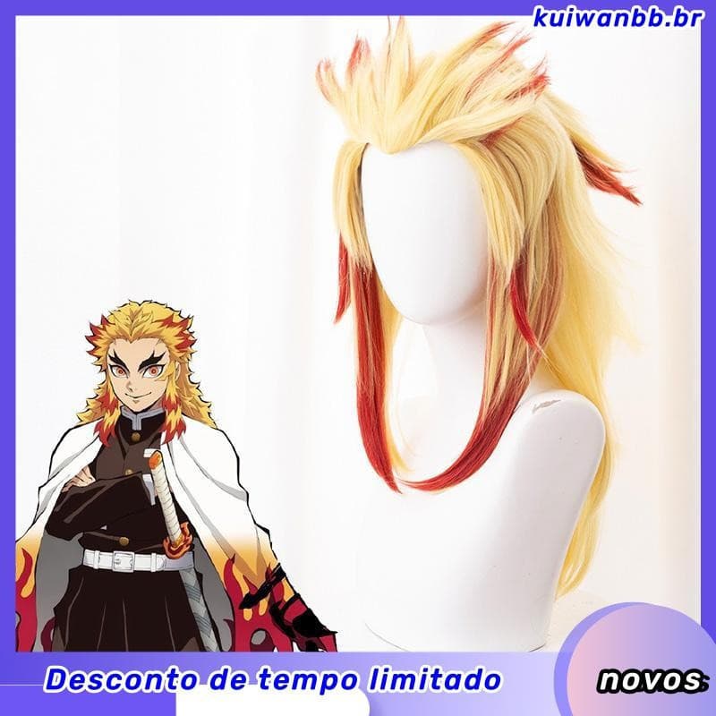 Peruca de Cosplay Demon Slayer: Kimetsu no Yaiba Rengoku Kyoujurou, Estilo Demoníaco Sintético Natural, Peruca em Camada