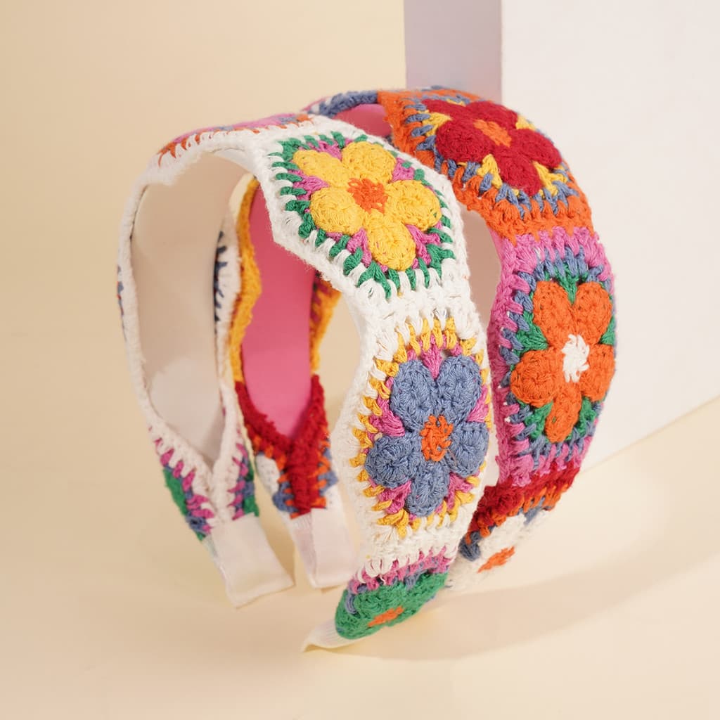 Estilo étnico de malha bandana boêmio doce crochê de aba larga feminino bandana antiderrapante pressionado acessórios de