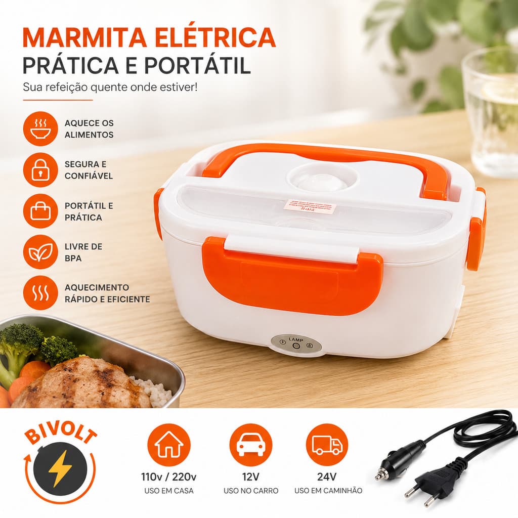 Marmita Elétrica Veicular Bivolt 1,5L Carro Caminhão Casa 12V 24V 110V 220V + 2 Cabos