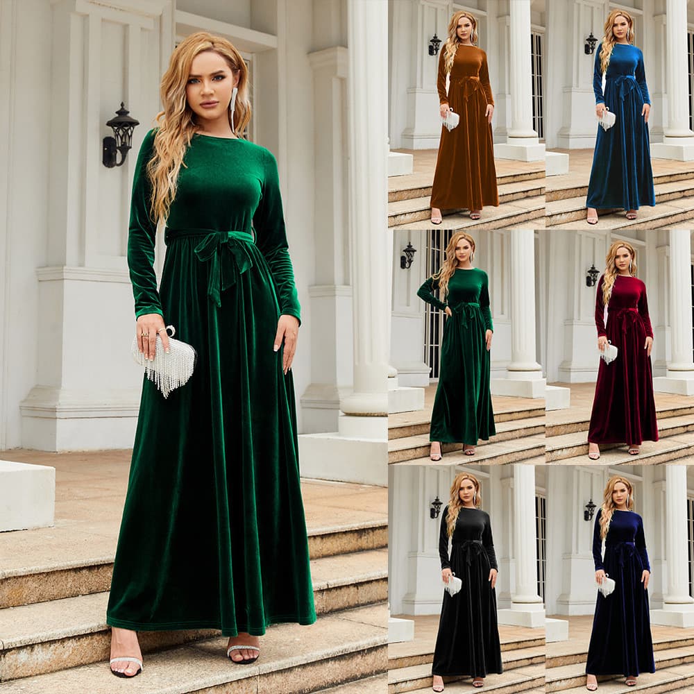 2026 outono inverno elegante elegante estilo celebridade vestido longo ouro veludo cor sólida vestido High-End