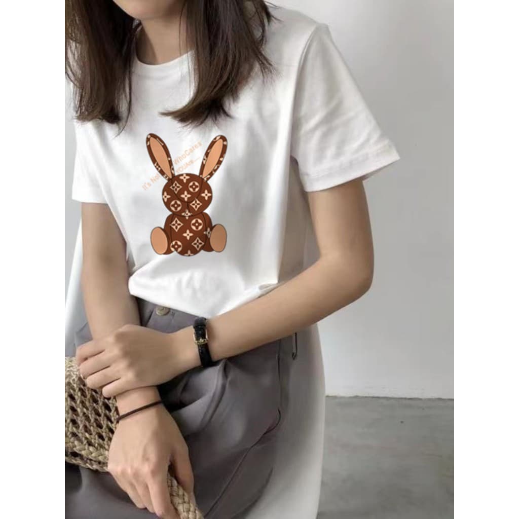 Americano bonito coelho ombro de manga curta branco camiseta feminina verão Street Wear ins solto mais magro olhar All-M