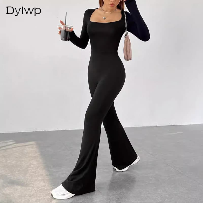 Macacão Feminino Manga Comprida Bodycon Casual Cor Sólida Slim Fit Macacões Casuais-& * -