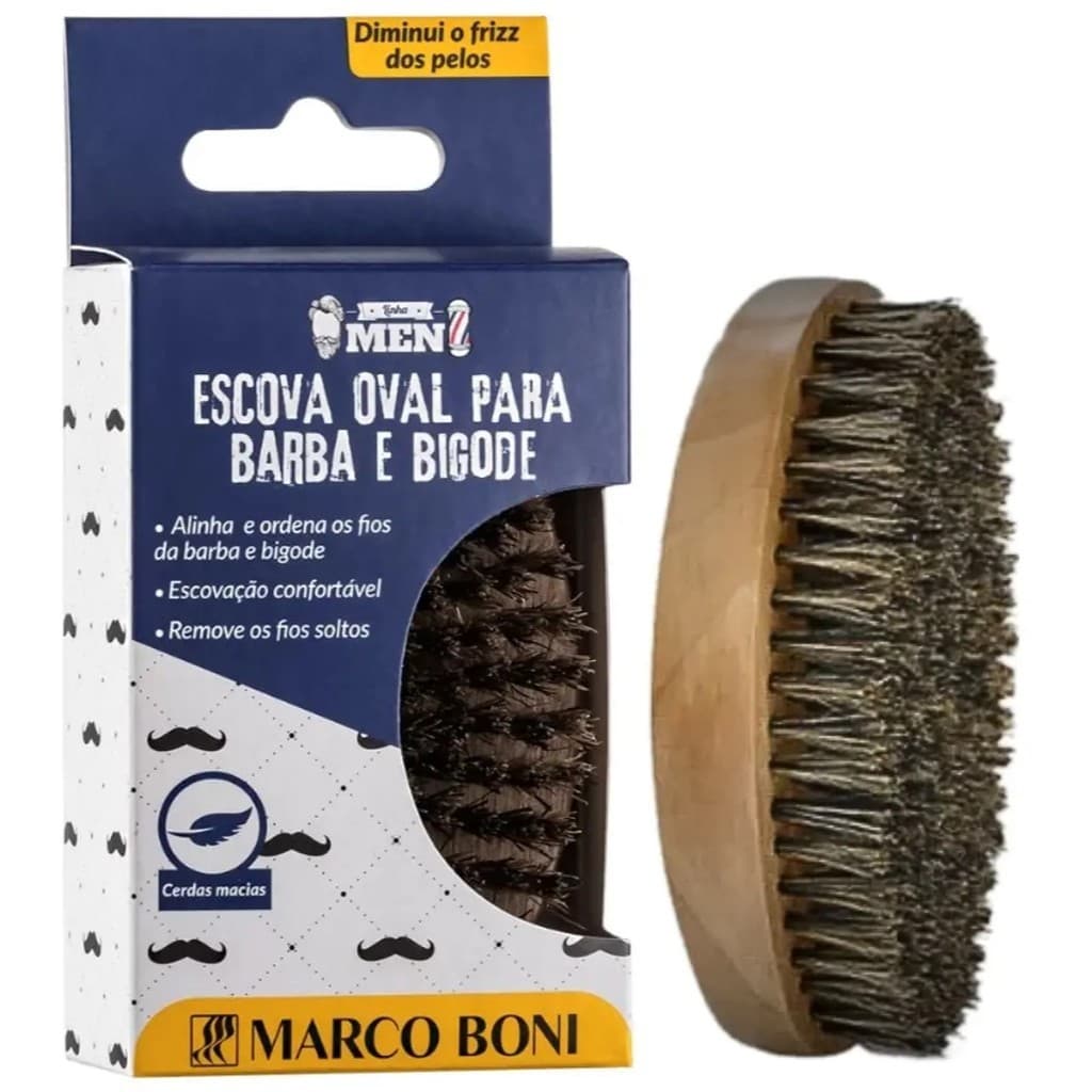 Escova Barba Bigode Oval Madeira Cerdas Macias Mistas Alinhamento Finalização Cuidado Diario Homem Profissional