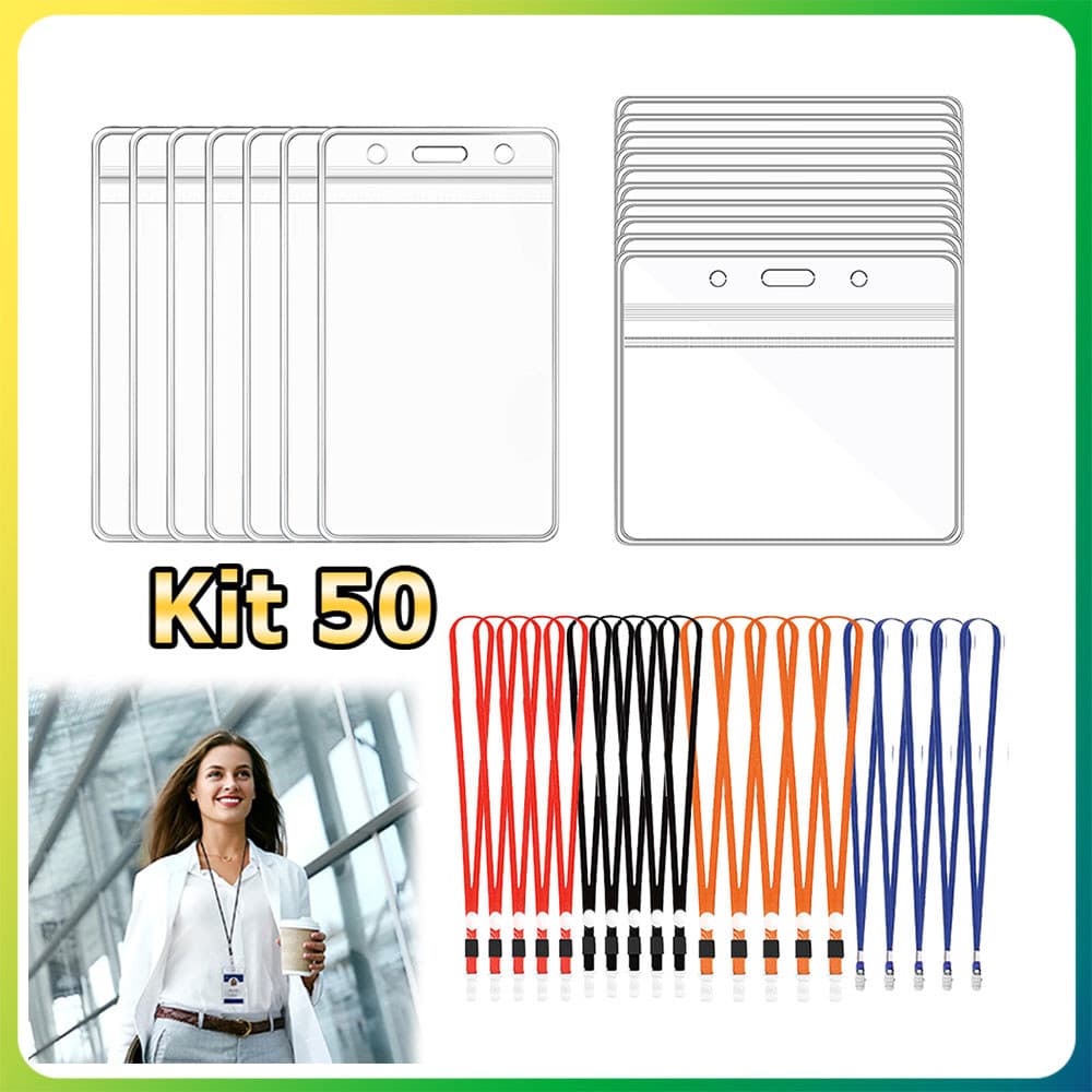 Kit 50 Porta-crachás transparentes porta-cartões de identificação com cordões porta-crachás reutilizáveis