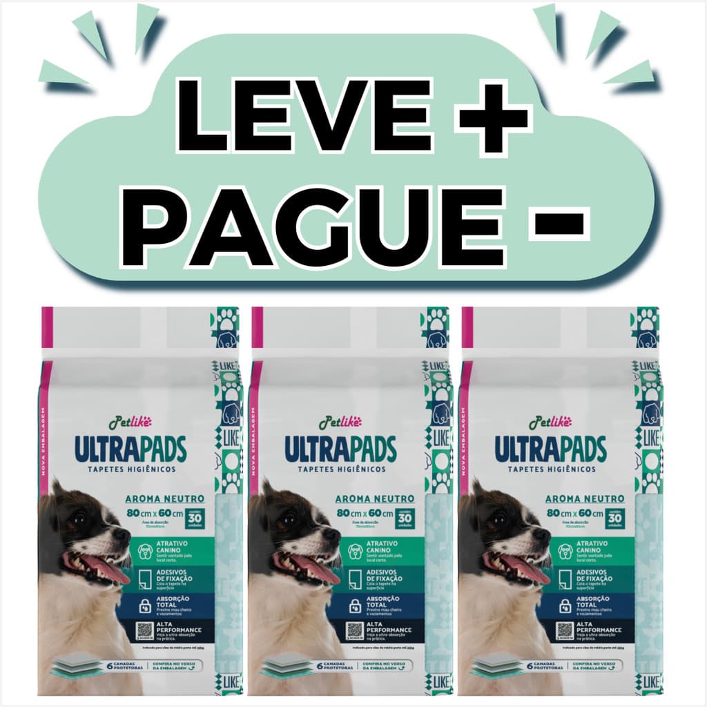 Kit 3 Pacotes Tapetes Higiênicos para Cães UltraPads Neutro Petlike 80x60cm Com 90 Tapetes